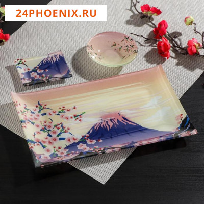 Набор для суши из стекла Доляна «Фудзияма», 3 предмета: соусники 8×2 см, 8×6 см, подставка 25×15×2 с