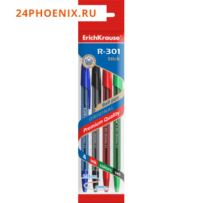 Набор ручек шариковых  4цв R-301 Original Stick синяя, черная, красная, зеленая 0.7мм 46776 Erich Kr