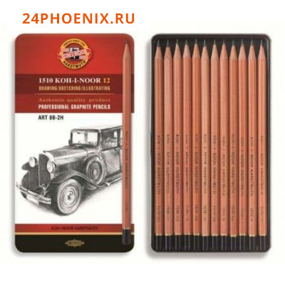 Набор чернографитных карандашей "Art" 1512N (12) 12 шт 8B-2H, жестяная коробка 1512N12001PL Koh-I-No