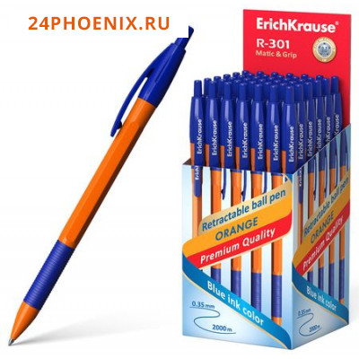 Ручка автоматическая шариковая 0.7мм 46762 R-301 Orange Matic.Grip синяя Erich Krause {Китай}