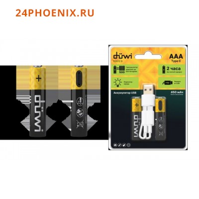 Аккумулятор DUWI USB-C, AАА, 1,2В, 450mAh, 2шт с кабелем для зарядки 62012 9 /10/