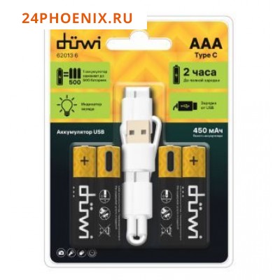 Аккумулятор DUWI USB-C, AАА, 1,2В, 450mAh, 4шт с кабелем для зарядки 62013 6 /10/