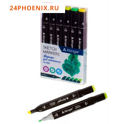 Набор   6 скетч маркеров перманентных 1-6 мм, двусторонние, зеленые AL7482 Alingar {Китай}