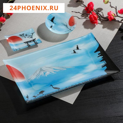 Набор для суши из стекла Доляна «Журавль», 3 предмета: соусники 8×2 см, 8×6 см, подставка 25×15×2 см