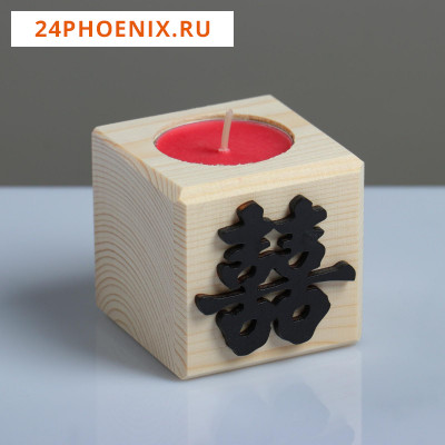 Свеча в деревянном подсвечнике "Куб, Иероглифы. Счастье", аромат вишни 5298295