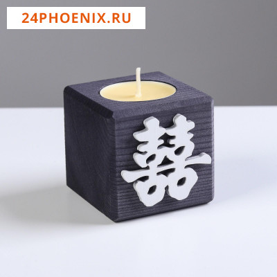 Свеча в деревянном подсвечнике "Куб, Иероглифы. Счастье", эбен, аромат манго 5664453