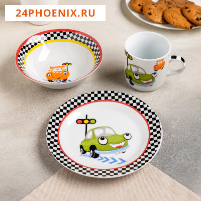 Набор детской посуды из керамики Доляна «Светофор», 3 предмета: кружка 230 мл, миска 400 мл, тарелка