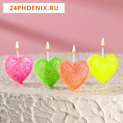 Свечи в торт на шпажках "Сердечки с блёстками", 6,6х3,8 см, 25 гр, набор 4 шт 7373119