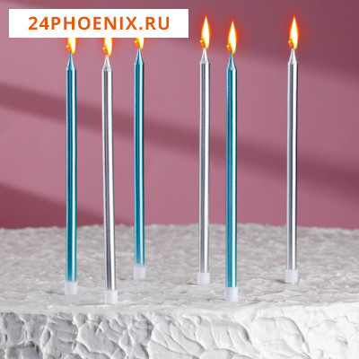 Свечи в торт "Ройс", 6 шт, высокие, 13 см, серебряные и голубые 4710822