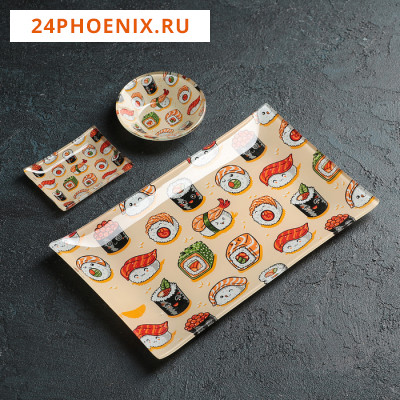 Набор для суши из стекла Доляна «Сет», 3 предмета: соусники 8×2 см, 8×6 см, подставка 25×15×2 см