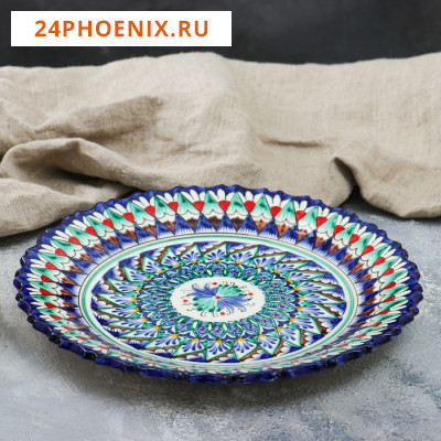 Тарелка Риштанская Керамика "Цветы", синяя, рильефная, 27см